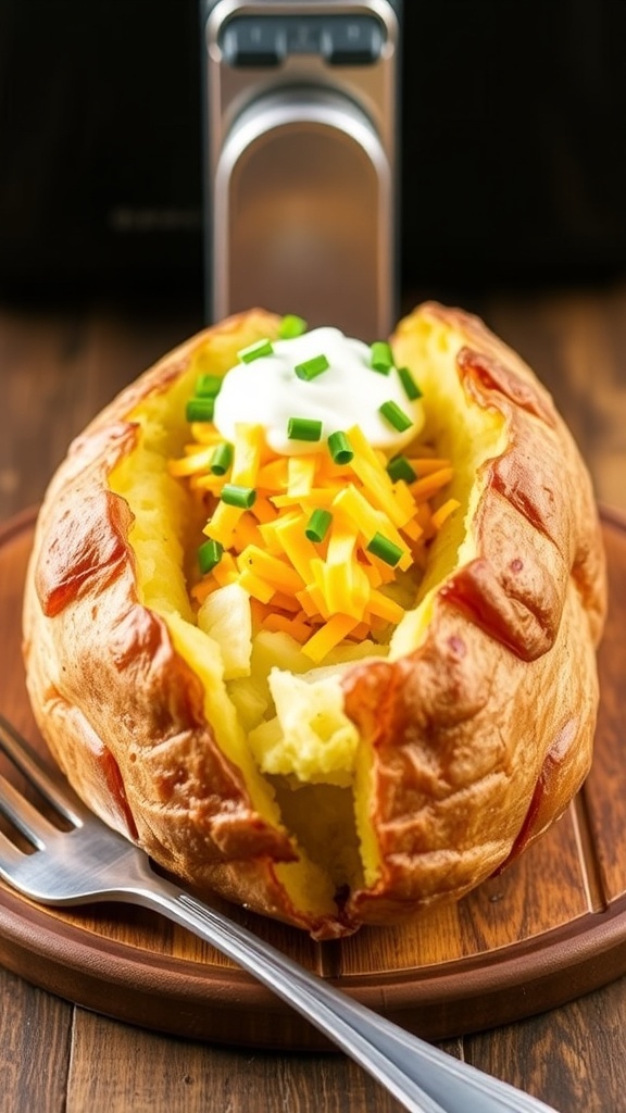 A baked potato topped with sour cream and chives on a wooden table next to an air fryer.